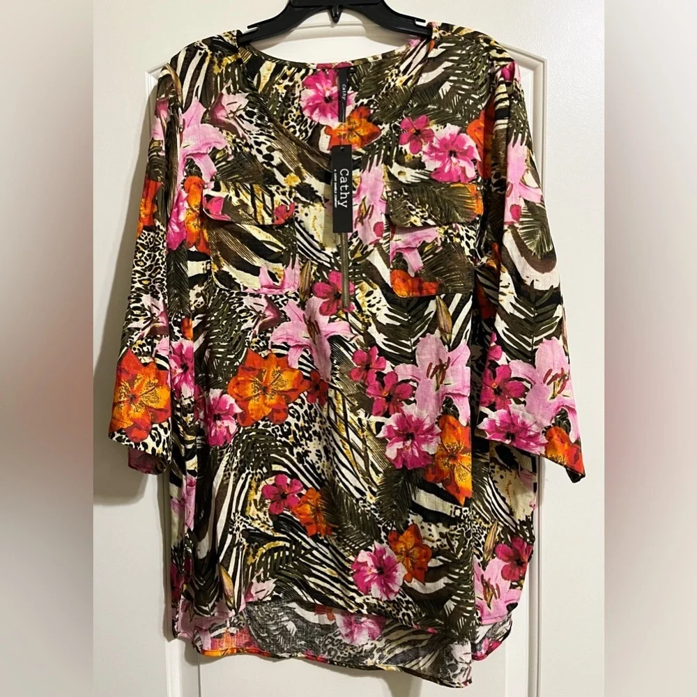 NWT Cathy Daniels Women’s Linen Blend Tropical Resort Beach Blouse Top Size XL